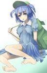  1girl bag bare_legs barefoot blue_dress blue_eyes blue_hair dress hair_ornament hat highres kawashiro_nitori key open_mouth oruka_(kamituki0827) sitting touhou twintails 