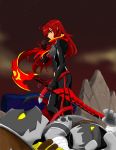  1girl absurdres black_legwear bodysuit breasts elesis elsword highres long_hair looking_at_viewer red_eyes redhead scarf smile solo sword weapon 