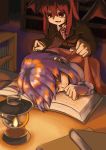  2girls :d bat_wings blanket blazer book bookshelf closed_eyes colored_eyelashes commentary_request covering_with_blanket dark dress_shirt head_wings highres koakuma lantern library long_hair long_sleeves multiple_girls necktie open_book open_mouth patchouli_knowledge payot purple_hair red_eyes redhead shirt sitting sleeping smile touhou voile white_shirt wings 長もなか 
