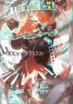  1girl :d absurdres aqua_eyes aqua_hair black_legwear blurry chromatic_aberration depth_of_field detached_sleeves happy_birthday hatsune_miku headset highres long_hair navel necktie open_mouth pleated_skirt skirt smile solo thigh-highs twintails very_long_hair vocaloid yotsuyu 