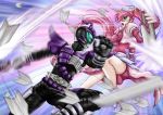  1boy 1girl armor battle chainsword crossover epic female fighting highres kamen_rider kamen_rider_kabuto_(series) kamen_rider_sasword lyrical_nanoha mahou_shoujo_lyrical_nanoha_a&#039;s male pink_hair signum sword weapon 