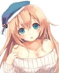  1girl atago_(kantai_collection) bare_shoulders beret blonde_hair blue_eyes blush breasts cleavage collarbone haruka_(reborn) hat kantai_collection long_hair long_sleeves ribbed_sweater sweater triangle_mouth white_background 