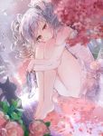  1girl barefoot cat drill_hair flower glass_slipper idolmaster idolmaster_cinderella_girls kanzaki_ranko leg_hug long_hair off_shoulder petals rain red_eyes repi987 silver_hair solo twin_drills twintails water 