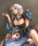  1girl breasts bristle brown_eyes cleavage headwear_removed helmet helmet_removed holding_necklace horned_helmet jewelry large_breasts league_of_legends necklace necklace_removed poro_(league_of_legends) sejuani short_hair silver_hair solo tnwjd2tkfkd 