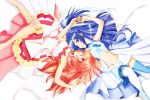  2girls absurdres amou_kanade blue_hair halter_top halterneck highres jewelry kazanari_tsubasa long_hair midriff multiple_girls necklace official_art red_eyes redhead scan senki_zesshou_symphogear side_ponytail skirt thigh-highs violet_eyes 