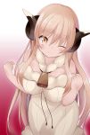  1girl bell bell_collar blonde_hair blush breasts byakuya_mika collar highres horns large_breasts long_hair original ribbed_sweater sheep_horns simple_background smile solo sweater 