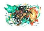  1girl animal_ears barefoot bastet_(p&amp;d) black_hair braid cat_ears cat_tail dark_skin fang green_eyes hair_ornament headdress official_art open_mouth puzzle_&amp;_dragons solo star tail twin_braids 