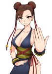  1girl bare_shoulders breasts brown_eyes brown_hair chun-li cleavage double_bun kairan-momochi looking_at_viewer short_hair simple_background smile solo street_fighter white_background 