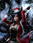  1girl ahri animal_ears bell black_gloves black_hair breasts choker christmas cleavage fox_ears fox_tail fur_trim gloves jacket league_of_legends lipstick long_hair makeup multiple_tails naivasha snowing solo tail whisker_markings yellow_eyes 