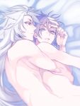  2boys blue_eyes eyes_visible_through_hair hug hug_from_behind kogitsunemaru male_focus mikazuki_munechika multiple_boys nude purple_hair red_eyes short_hair touken_ranbu white_hair yaoi zuwai_kani 