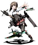  1girl aa_gun bike_shorts black_legwear blouse boots bow_(weapon) brown_eyes brown_hair crossbow flat_chest flight_deck headband headgear kantai_collection makishima_rin mitsubishi_a7m_reppuu open_mouth pleated_skirt short_hair skirt smile solo taihou_(kantai_collection) thigh-highs thigh_boots weapon 