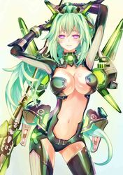  1girl black_gloves breasts choujigen_game_neptune commentary elbow_gloves gloves green_hair green_heart highres large_breasts long_hair looking_at_viewer navel neptune_(series) pink_eyes solo sword sxbzero thigh-highs vert weapon 