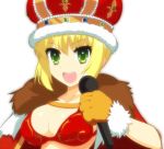  1girl bikini_top blonde_hair bloom breasts cape cleavage crown dh_ead fate/extra fate_(series) gloves green_eyes large_breasts microphone saber_extra solo 