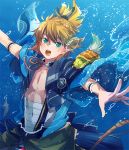  1boy blonde_hair blush bubble green_eyes japanese_clothes long_hair looking_at_viewer male_focus nuriko-kun open_mouth sarashi solo touken_ranbu turtle underwater urashima_kotetsu 