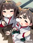  2girls =_= blush brown_hair grin hairband hiei hiei_(kantai_collection) highres kantai_collection kongou_(kantai_collection) kuro_chairo_no_neko long_hair multiple_girls short_hair sleeping smile writing yuu_yuu_hakusho 