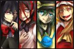  4girls :d :q black_hair blonde_hair blue_eyes column_lineup dream2014 fang_out flandre_scarlet green_hair grin hat houjuu_nue kijin_seija komeiji_koishi multicolored_hair multiple_girls odd_one_out open_mouth pointy_ears red_eyes sharp_teeth short_hair smile streaked_hair third_eye tongue tongue_out touhou 