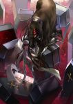  1girl alucard_(hellsing) black_hair coffin cross flower formal from_above full_body girlycard gloves grin hat hellsing hellsing:_the_dawn highres kzcjimmy long_hair looking_at_viewer monster necktie open_mouth petals red_eyes rose scarf smile solo teeth very_long_hair white_scarf 
