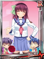  1girl 2boys angel_beats! bouquet card_(medium) chibi closed_eyes flower green_eyes hairband hinata_(angel_beats!) multiple_boys noda_(angel_beats!) purple_hair school_uniform serafuku short_hair standing thigh-highs touon yuri_(angel_beats!) 