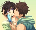  2boys aori_(cou) black_hair brown_hair code_geass green_eyes hand_on_another&#039;s_head hoodie kururugi_suzaku lelouch_lamperouge licking multiple_boys popsicle surprised sweat violet_eyes yaoi 