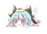  1girl aqua_eyes aqua_hair blue_dress bow cirno dress hair_bow ice ice_wings kuromame_(8gou) lying on_stomach open_mouth smile solo touhou wings 