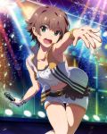  1girl bracelet brown_hair confetti green_eyes jewelry leaning_forward microphone official_art open_mouth outstretched_arm sakurai_chiaki short_hair shorts solo stage stage_lights sweatdrop thigh_gap vest wake_up_girls! wake_up_girls!_stage_no_tenshi 