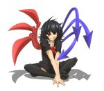  1girl asymmetrical_wings black_hair butterfly_sitting didloaded dress feet hands houjuu_nue red_eyes ribbon shadow simple_background sitting smile solo thigh-highs touhou wings 