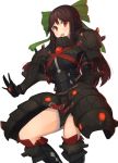  1girl absurdres alternate_costume armor armored_dress black_hair gauntlets greaves hair_ribbon highres looking_at_viewer open_mouth oruka_(kamituki0827) red_eyes reiuji_utsuho ribbon shoulder_pads thighs touhou 