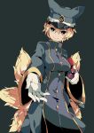  1girl alternate_costume animal_ears armband blonde_hair fox_tail gloves hat multiple_tails short_hair smile solo stapler tail touhou uniform yakumo_ran yellow_eyes yoshinaga_p 