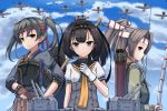  3girls airplane akizuki_(kantai_collection) bangs black_hair blue_eyes blue_sky blunt_bangs bow_(weapon) brown_eyes brown_skirt chou-10cm-hou-chan corset gloves grey_hair hachimaki hakama_skirt headband high_ponytail japanese_clothes kantai_collection looking_at_viewer multicolored_gloves multiple_girls muneate neckerchief pleated_skirt quiver rabochicken sailor_collar school_uniform serafuku skirt sky smile twintails weapon yugake zuihou_(kantai_collection) zuikaku_(kantai_collection) 