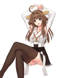  1girl arms_behind_head arms_up black_eyes black_skirt breasts brown_hair brown_legwear collarbone crossed_legs double_bun frilled_skirt frills ghound hairband headgear kantai_collection kongou_(kantai_collection) large_breasts looking_at_viewer miniskirt nontraditional_miko open_mouth panties pantyshot pantyshot_(sitting) pleated_skirt ribbon-trimmed_skirt ribbon-trimmed_sleeves ribbon_trim simple_background sitting skirt solo thigh-highs underwear white_background white_panties 