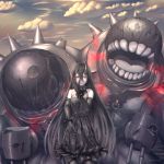  1girl artist_request bare_shoulders battleship_water_oni black_dress black_hair breasts dress elbow_gloves gloves hair_between_eyes highres horn kantai_collection long_hair monster pale_skin red_eyes shinkaisei-kan solo strapless_dress tears 