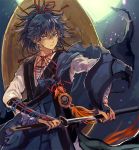  1boy blue_eyes blue_hair hat katana kote looking_at_viewer male_focus nuriko-kun sayo_samonji solo sword touken_ranbu weapon 