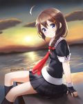  1girl artist_name blouse blue_eyes brown_hair clouds fingerless_gloves gloves highres kantai_collection kotanuki_329 looking_at_viewer pleated_skirt school_uniform serafuku shigure_(kantai_collection) shipyard sitting skirt smile solo sun water 