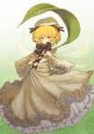  1girl blonde_hair bow dress drill_hair fairy fairy_wings frills gradient gradient_background hat leaf leaf_umbrella long_dress long_sleeves looking_at_viewer luna_child puffy_sleeves short_hair smile solo touhou urin white_dress wide_sleeves wings yellow_eyes 