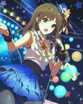  1girl bow brown_eyes brown_hair dutch_angle frills long_hair looking_at_viewer microphone microphone_stand official_art open_mouth pantyhose planet ribbon singing skirt solo stage star tsukano_mari wake_up_girls! wake_up_girls!_stage_no_tenshi wrist_wraps 