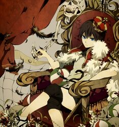  1boy blue_eyes brown_hair chair crossed_legs crown curtains feathers flower fur_trim haikyuu!! holding_hands kageyama_tobio male_focus sagatsu_(miicat) shorts sitting skeleton skull solo throne 