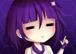  1girl :&gt; =_= =v= chibi cosplay hair_ornament karla_featherstone official_art purple_hair smile solo unhack vinty without_within 