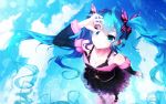  1girl aqua_eyes aqua_hair bai_yemeng bare_shoulders breasts butterfly_hair_ornament cleavage hair_ornament hatsune_miku highres long_hair project_diva project_diva_f ripples solo sweet_devil_(vocaloid) twintails very_long_hair vocaloid water 