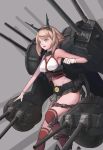  1girl blonde_hair breasts cannon chain clenched_hand cowboy_shot gloves green_eyes grey_background headgear highres kantai_collection large_breasts mecha_musume microskirt midriff mutsu_(kantai_collection) navel open_mouth pleated_skirt red_legwear short_hair simple_background skirt sleeveless smile solo striped striped_legwear thigh-highs tsuki_suigetsu turret white_gloves zettai_ryouiki 
