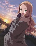  1girl brown_hair clouds dutch_angle gloves green_eyes kikuma_kaya long_hair looking_at_viewer new_year official_art open_mouth outdoors scarf solo sun sunrise wake_up_girls! wake_up_girls!_stage_no_tenshi winter_clothes 