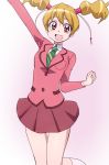  1girl :d arm_up brown_hair fresh_precure! looking_at_viewer manji_(tenketsu) momozono_love necktie open_mouth pink_eyes pink_skirt precure school_uniform short_hair skirt smile solo twintails 