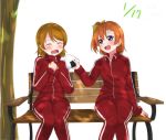  2girls ;d blue_eyes bow brown_hair closed_eyes dappled_sunlight dated drooling food hair_bow hands_on_own_chest honomask koizumi_hanayo kousaka_honoka looking_at_another love_live!_school_idol_project multiple_girls one_eye_closed onigiri open_mouth orange_hair park_bench side_ponytail smile track_jacket track_suit 