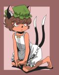  1girl :&lt; animal_ears bloomers brown_hair cat_ears cat_tail chen hat multiple_tails onikobe_rin red_eyes short_hair tail touhou underwear 
