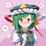  1girl asymmetrical_hair blue_eyes blush clenched_hand crown gloves green_hair heartbeat looking_at_viewer mono_(mono60) parted_lips pink_background puffy_short_sleeves puffy_sleeves shiki_eiki short_hair short_sleeves solo tabard touhou white_gloves 