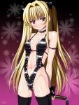  1girl anzu_(onelelee) blonde_hair blush collar dominatrix fingerless_gloves gloves highleg konjiki_no_yami long_hair looking_at_viewer navel red_eyes small_breasts solo to_love-ru twintails very_long_hair whip 