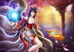  1girl ahri animal_ears bare_shoulders black_hair breasts cherry_blossoms cleavage detached_sleeves energy_ball fox_ears fox_tail jackmiho league_of_legends lipstick long_hair makeup multiple_tails petals signature solo staff tail whisker_markings yellow_eyes 