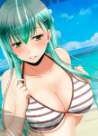  1girl beach bikini blue_sky blush breasts cleavage clenched_teeth clouds collarbone green_eyes green_hair hair_ornament hairclip hands_on_own_chest highres kantai_collection large_breasts lips long_hair looking_at_viewer parted_lips shadow shiny shiny_skin sky smile solo striped striped_bikini striped_swimsuit suzuya_(kantai_collection) swimsuit upper_body weavehabit 