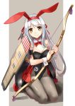  1girl animal_ears bare_arms bare_shoulders bow_(weapon) breasts bunny_girl bunnysuit cleavage fake_animal_ears flight_deck grey_legwear kantai_collection katahira_masashi leotard long_hair pantyhose rabbit_ears seiza shoukaku_(kantai_collection) silver_hair sitting smile solo very_long_hair weapon wrist_cuffs yellow_eyes 