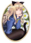 1girl animal_ears blonde_hair cat_ears cat_tail flower glasses hand_on_own_chin long_hair looking_at_viewer pantyhose perrine_h_clostermann solo strike_witches tail takenaka_koudai yellow_eyes 