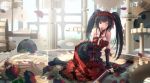  1girl bare_shoulders black_hair breasts cleavage date_a_live gun heterochromia highres kikivi lolita_fashion long_hair looking_at_viewer solo tokisaki_kurumi twintails weapon 